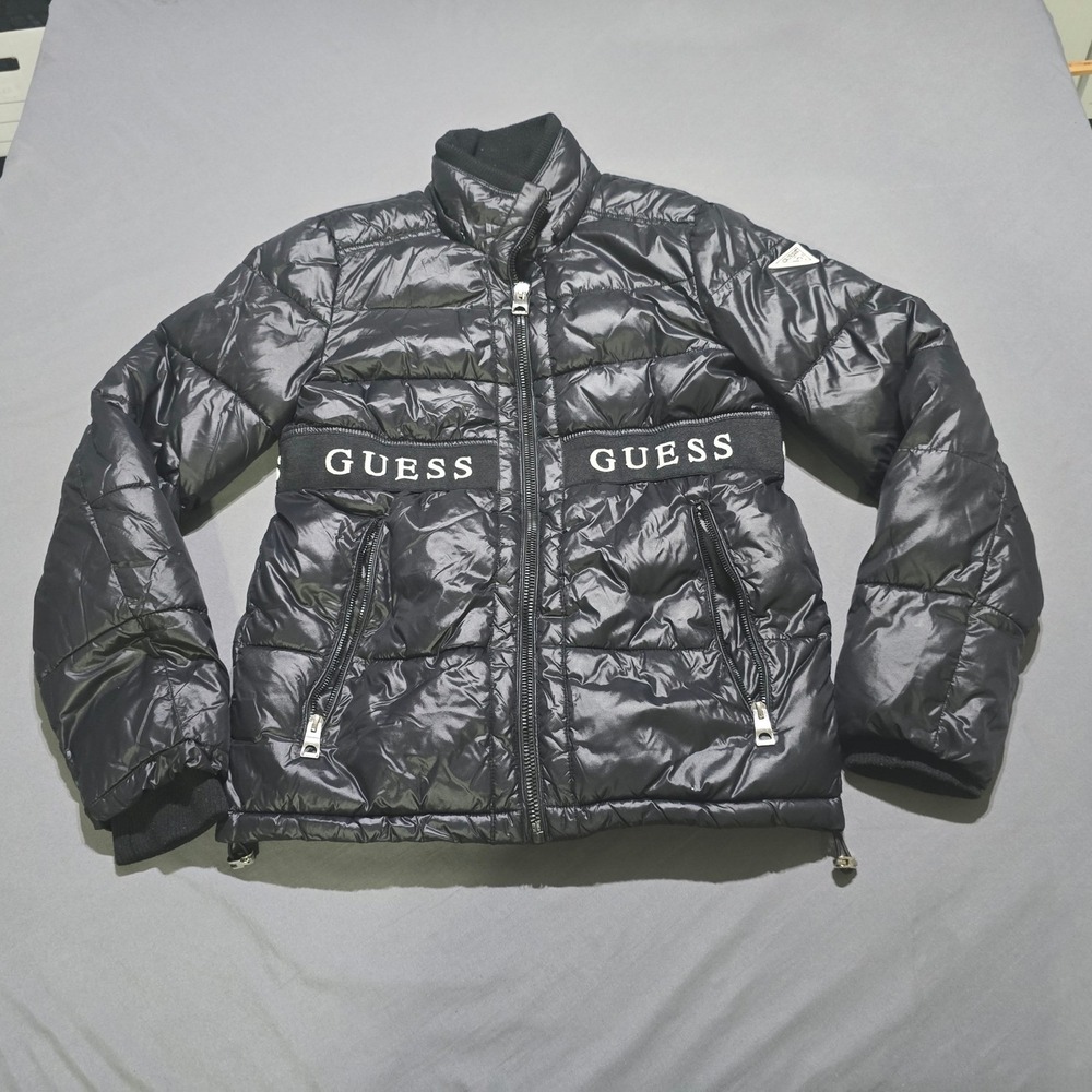Guess Puffer Jacket Women XS Black Logo Tape Quilted Zip Up Streetwear